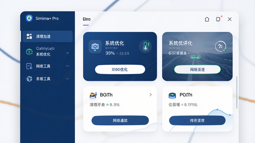 Simba+ Pro主界面预览图,展示其简洁现代的控制面板,左侧功能导航栏清晰列出清理加速、系统优化、网络工具等模块,右侧主区域以卡片形式展示各项功能的实时状态与快捷操作按钮,整体采用深蓝与白色搭配的商务风格,界面干净明亮,细节精致,画质高清,无多余元素。