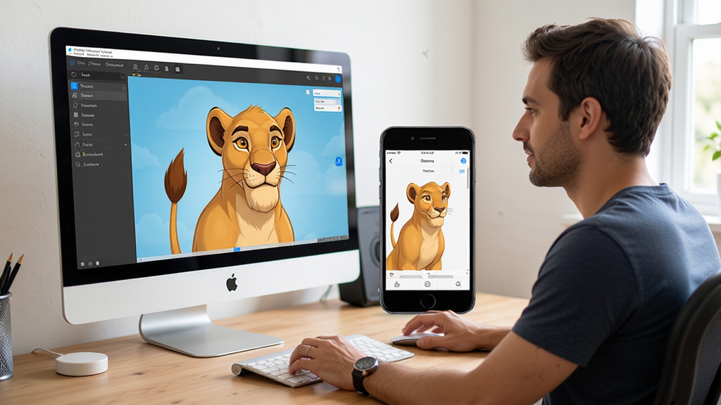 Simba+ Pro使用教程示意图,展示用户在电脑前操作软件的场景,屏幕中显示软件主界面,旁边有手机模拟器窗口,画面清晰,光线明亮,构图饱满,风格写实,无多余元素。