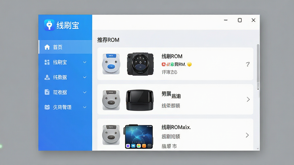一张展示线刷宝软件主界面的高清截图,界面简洁明亮,左侧为功能导航栏,右侧为推荐ROM列表,顶部显示“线刷宝”品牌Logo,整体风格现代科技感,色彩以蓝白为主,画质清晰,干净无多余元素