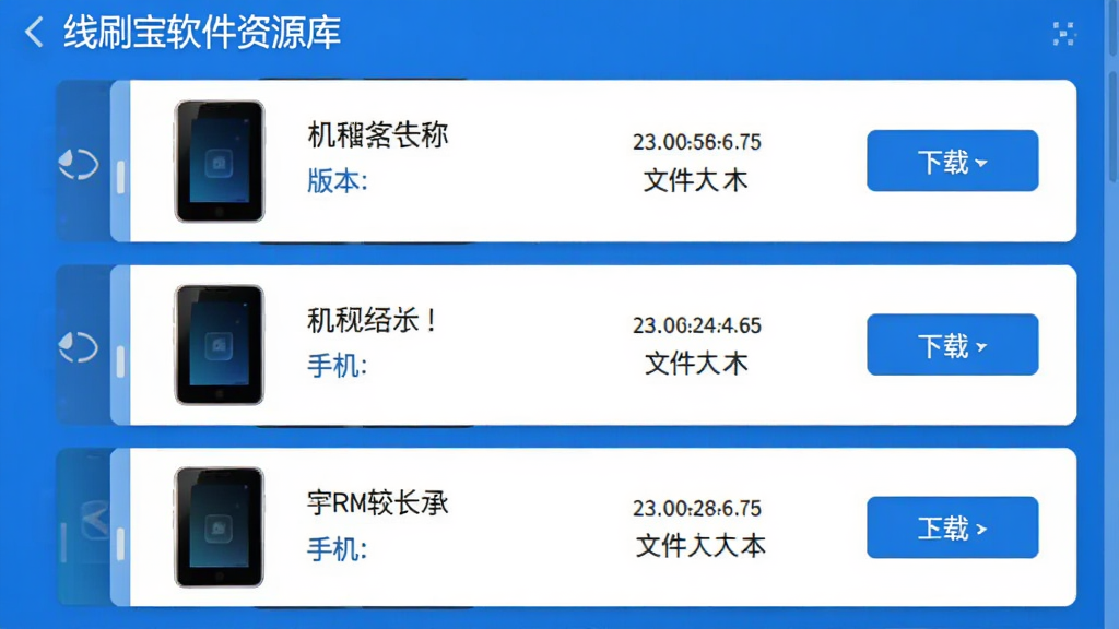 线刷宝软件资源库页面截图,页面以列表形式展示多个手机型号的ROM包,每个条目包含机型名称、版本号、文件大小和下载按钮,界面清晰有序,采用卡片式布局,配以蓝色主色调,画质干净,无多余元素