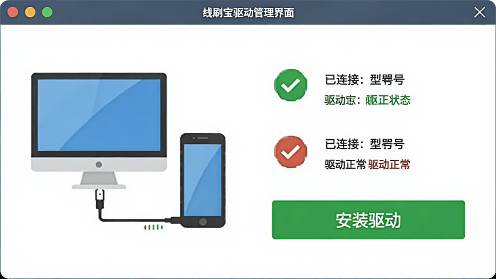 线刷宝驱动管理界面,显示已连接的手机型号和驱动状态,有“安装驱动”按钮,界面简洁,绿色对勾表示驱动正常,配以电脑和手机连接示意图,风格扁平化,画质清晰
