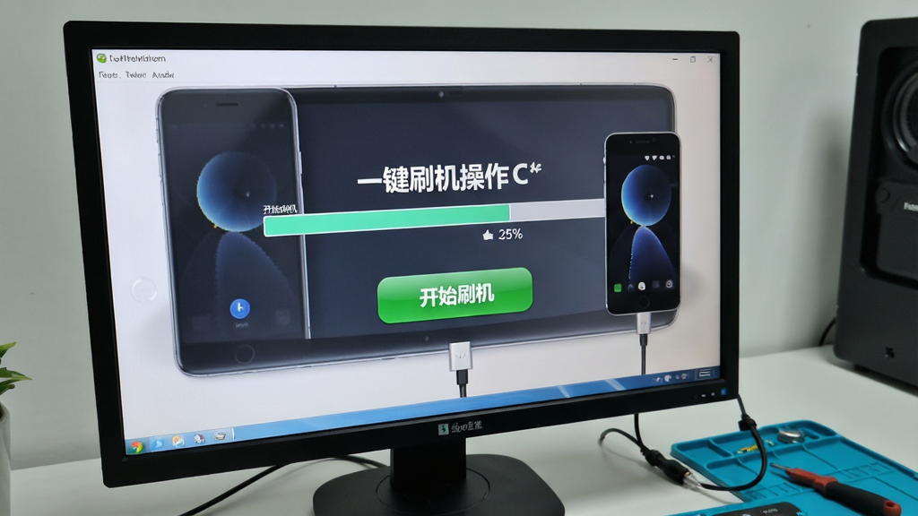 线刷宝一键刷机操作界面,电脑屏幕上显示刷机进度条,手机通过数据线连接电脑,界面有“开始刷机”按钮和进度百分比,背景为简洁的工作台,风格写实清晰,突出软件易用性,画质干净