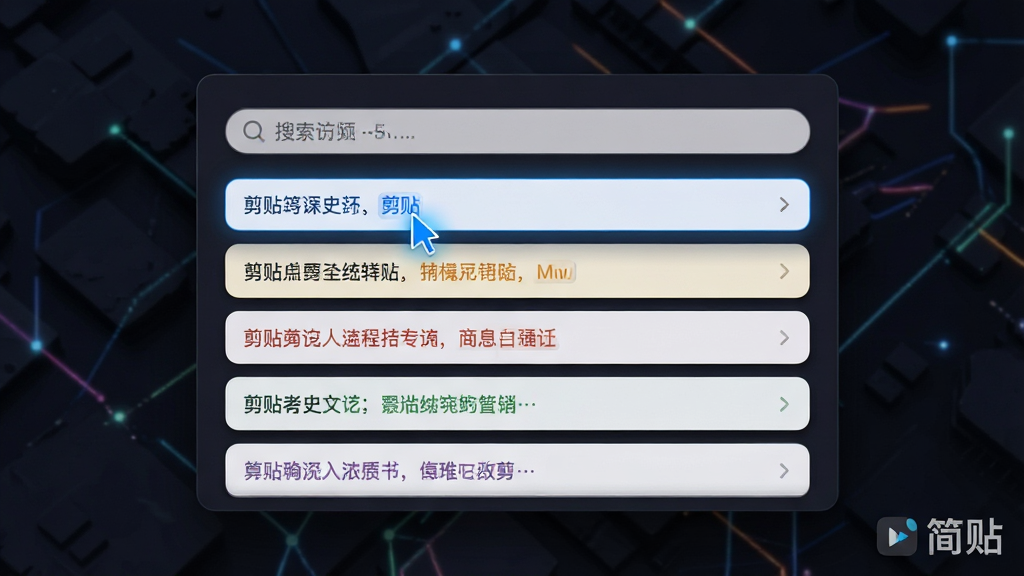 主体:简贴软件主界面在深色背景上悬浮显示,界面简洁现代。布局:界面中央是一个搜索框,下方以卡片式列表排列着多条彩色文字片段,代表不同的剪贴历史。排版:界面元素居中,列表清晰,左对齐文字。风格:扁平化设计,带有轻微的阴影和圆角,科技感。细节:高亮的蓝色光标指向最新一条记录,屏幕右下角有“简贴”的水印Logo。画质:4K高清,干净,无多余元素。