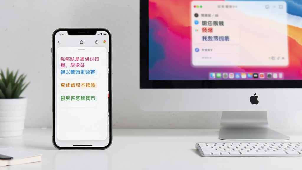 主体:一部手机和一台电脑并排放在桌面上,屏幕上都显示着简贴的界面。布局:手机界面在左侧,电脑屏幕在右侧。排版:画面稳定。风格:简洁的桌面环境。细节:手机屏幕上的简贴面板显示了几条彩色文本。画质:高清,干净。