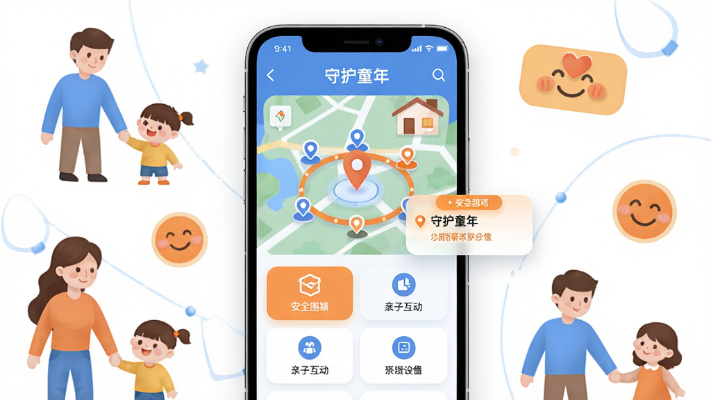 主体:守护童年软件的官方主视觉界面,展示在智能手机上运行的守护童年APP,界面中显示地图定位、安全围栏、亲子互动等核心功能模块;布局:手机屏幕居中,周围环绕温馨的家庭亲子互动元素,如父母与孩子牵手、笑脸等图标;排版:扁平化设计,主色调为蓝色与橙色,功能图标清晰排列,界面文字显示“守护童年”字样;风格:现代科技感与温暖亲情融合,画面明亮、干净;细节:地图上有定位标记,围栏图标,安全提示弹窗;画质:高清渲染,干净,无多余元素。