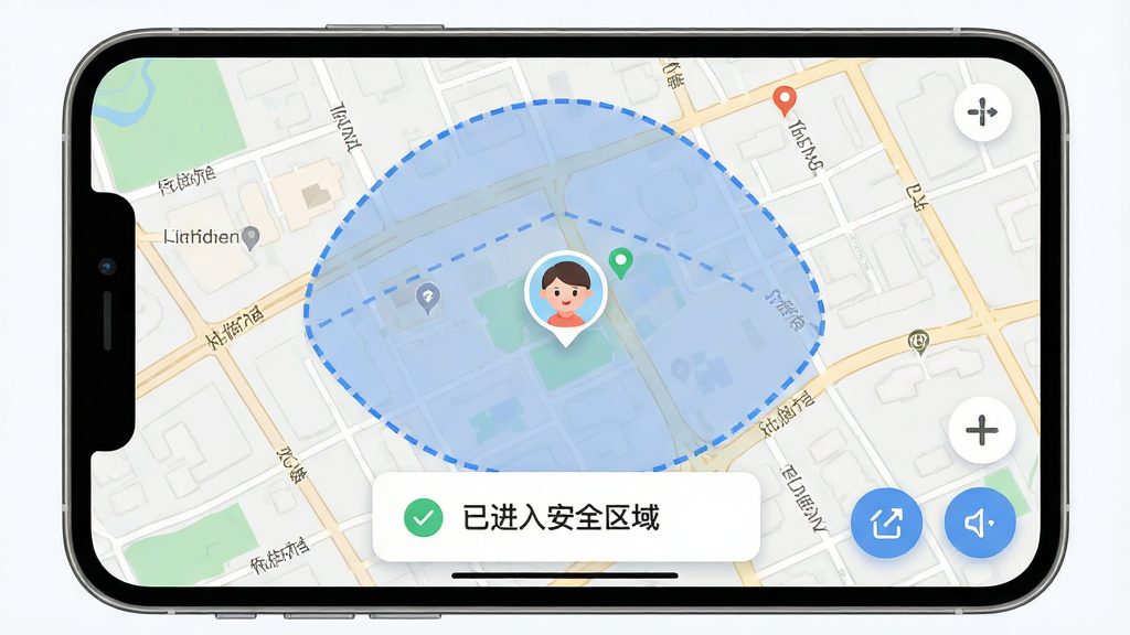 主体:守护童年软件的手机端实时定位界面,显示地图上的孩子位置与电子围栏区域,围栏边界用蓝色虚线标出,孩子头像图标位于地图中央;布局:地图占满屏幕,底部弹出安全提示卡片,显示“已进入安全区域”;排版:地图界面简洁,功能按钮悬浮于右下角;风格:写实地图风格与扁平UI结合,色彩柔和;细节:地图上有街道名称、地标建筑,围栏区域有半透明蓝色覆盖;画质:高分辨率渲染,干净,无多余元素。