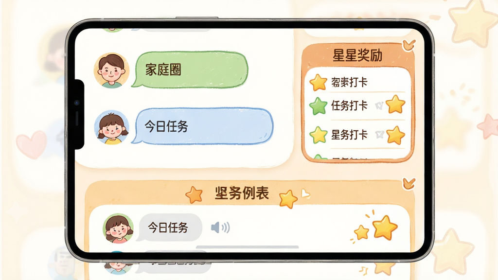 主体:守护童年软件的亲子互动界面,展示家庭圈中家长与孩子的对话气泡、任务打卡列表与星星奖励图标;布局:界面分为上下两部分,上方为家庭圈动态,下方为任务列表;排版:卡片式布局,圆角设计,色彩温馨,文字显示“今日任务”“星星奖励”等字样;风格:可爱卡通风格,融合手绘元素;细节:有父母与孩子的头像、语音留言按钮、奖励动画效果;画质:清晰明亮,干净,无多余元素。