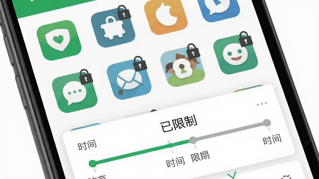 守护童年应用管控界面,手机屏幕显示各应用图标,部分应用带有锁形标记,下方有时间轴设置面板,UI设计扁平化,绿色与灰色对比明显,文字“已限制”,画质干净