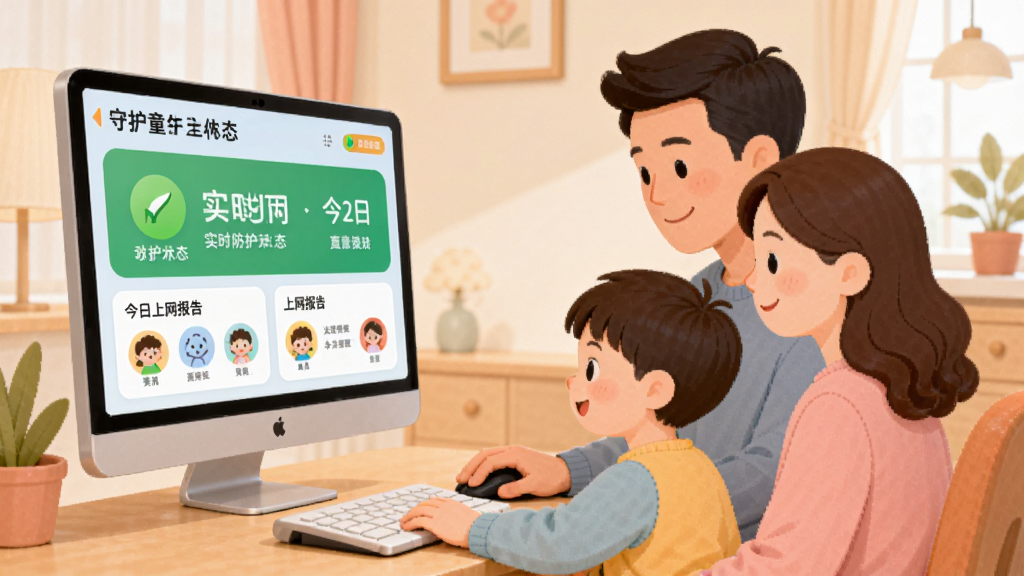守护童年软件主界面展示,背景为温馨家庭场景,父母与孩子一起使用电脑,界面显示实时防护状态与今日上网报告,布局清晰,色彩柔和,卡通风格图标,细节丰富,画质干净无多余元素