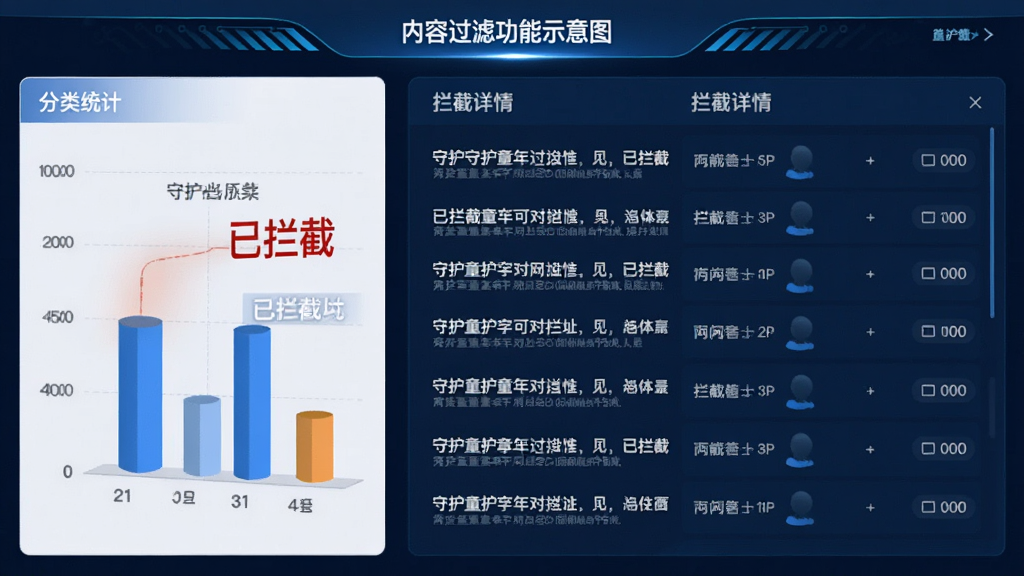 守护童年内容过滤功能示意图,界面展示被拦截的网址列表,左侧为分类统计图表,右侧为拦截详情,风格简洁科技感,蓝色主题色,文字标注“已拦截”,画质清晰