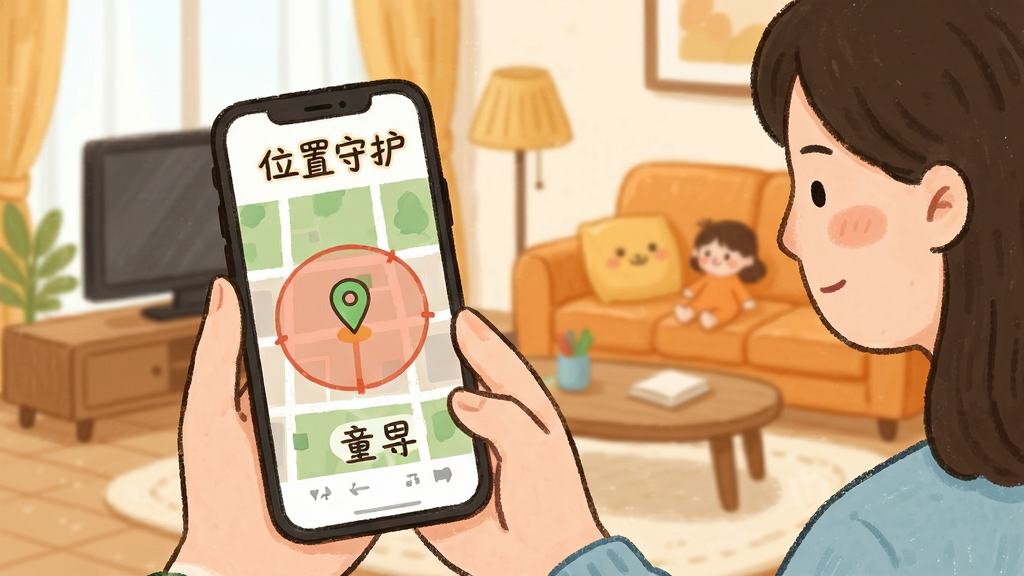 守护童年使用指南示意图,家长手持手机查看孩子位置地图,背景为家庭客厅,界面显示安全围栏范围,风格温馨手绘,文字“位置守护”,画质干净