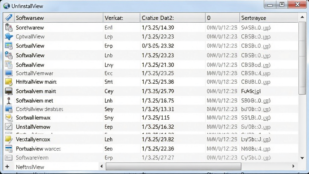 UninstallView软件列表截图,主体为多列数据表格,包含软件名称、版本、安装日期等字段,布局规整,排版紧凑,风格简洁,细节清晰,画质干净,无多余元素
