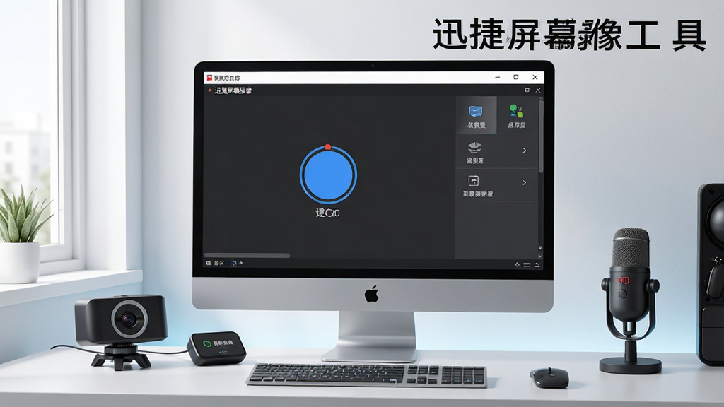 一幅现代科技感十足的电脑桌面场景,屏幕中显示正在运行的迅捷屏幕录像工具软件界面,界面清晰展示录制按钮和功能菜单,桌面上有摄像头、麦克风等录播设备,整体画面明亮干净,风格写实,细节丰富,画质高清,文字标注“迅捷屏幕录像工具”,无多余元素