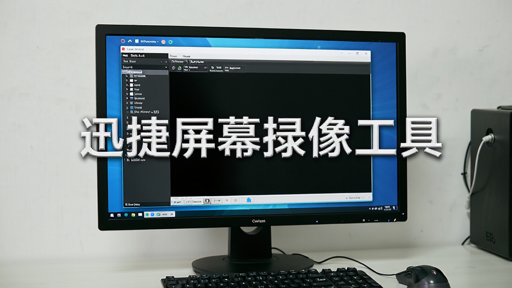 一张展示迅捷屏幕录像工具在电脑上运行的实拍照片,电脑屏幕显示软件主界面,周围环境简洁,有鼠标和键盘,画面清晰自然,光线柔和,风格写实,细节丰富,文字标注“迅捷屏幕录像工具”,无多余元素