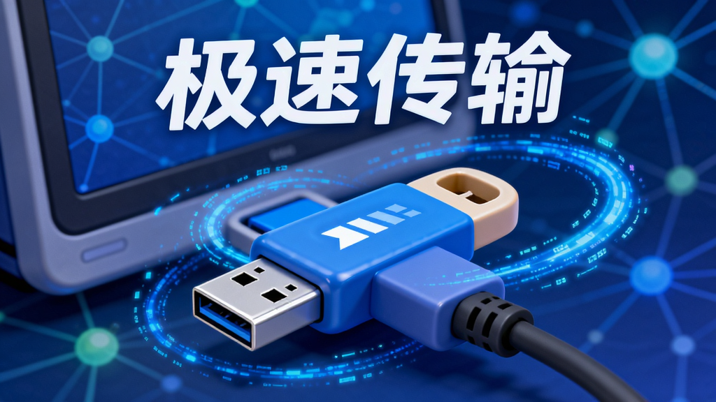 电脑屏幕前一只卡通风格的高速U盘插在USB接口上,周围有蓝色数据流线条环绕,背景为动态网络节点,画面上方文字“极速传输”,整体配色明亮,风格活泼,高清细节丰富,干净无多余元素