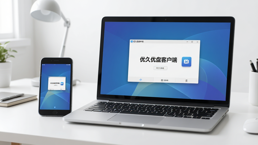 一台笔记本电脑和一部手机并排摆放,屏幕中显示“优久优盘客户端”界面,背景为简洁书桌,画面干净,光线明亮,风格写实,细节清晰,无多余元素