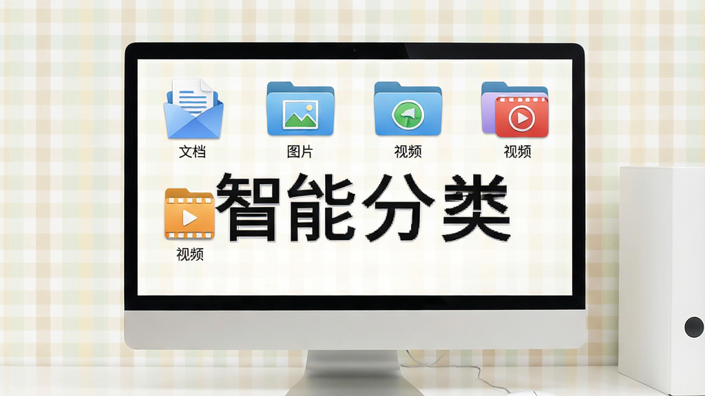 电脑桌面上的文件被自动分类到不同文件夹中,每个文件夹图标都带有明显的类型标识,如“文档”“图片”“视频”,背景为浅色格子壁纸,界面整洁,文字“智能分类”,风格简约,细节清晰,干净无多余元素