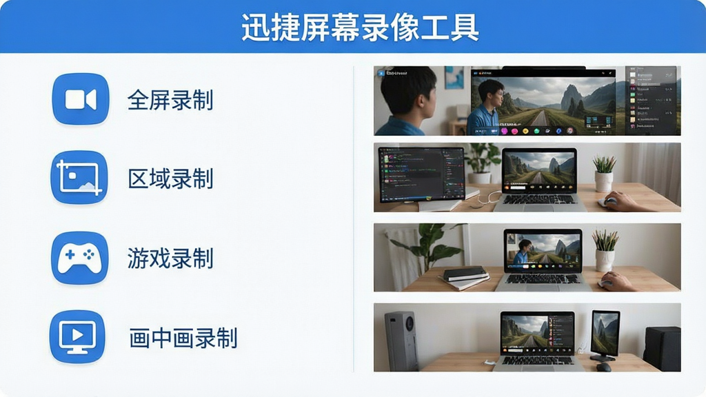 一张功能对比示意图,左侧列出“全屏录制”“区域录制”“游戏录制”“画中画录制”四个图标,右侧对应显示不同场景下的使用示例照片,整体采用扁平化设计风格,配色以蓝色和白色为主,文字清晰标注“迅捷屏幕录像工具”,画面干净整洁