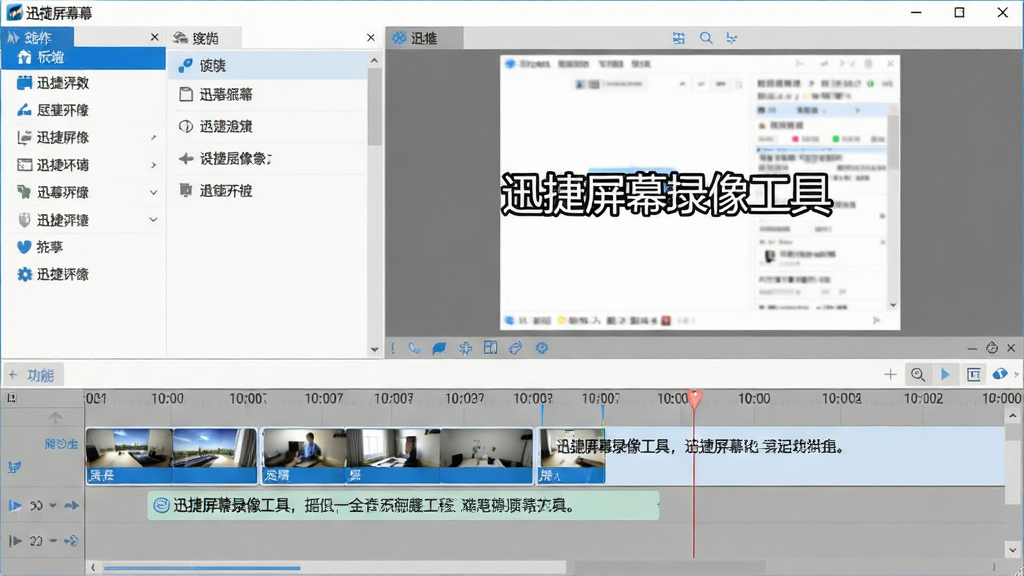 一张电脑端软件操作界面截图,主界面左侧为功能列表,右侧为预览窗口,下方为时间轴编辑轨道,轨道上显示多个视频片段与文字标注,整体风格简洁,配色以蓝白灰为主,画面清晰标注“迅捷屏幕录像工具”字样,画质干净无杂物
