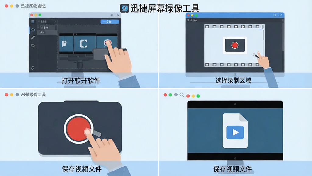 一张分步操作教学图,四格画面分别展示打开软件、选择录制区域、点击红色录制按钮、保存视频文件的过程,每格下方配有简短文字说明,整体风格为扁平化插画,背景为浅色,含有“迅捷屏幕录像工具”文字标识,画质干净清晰