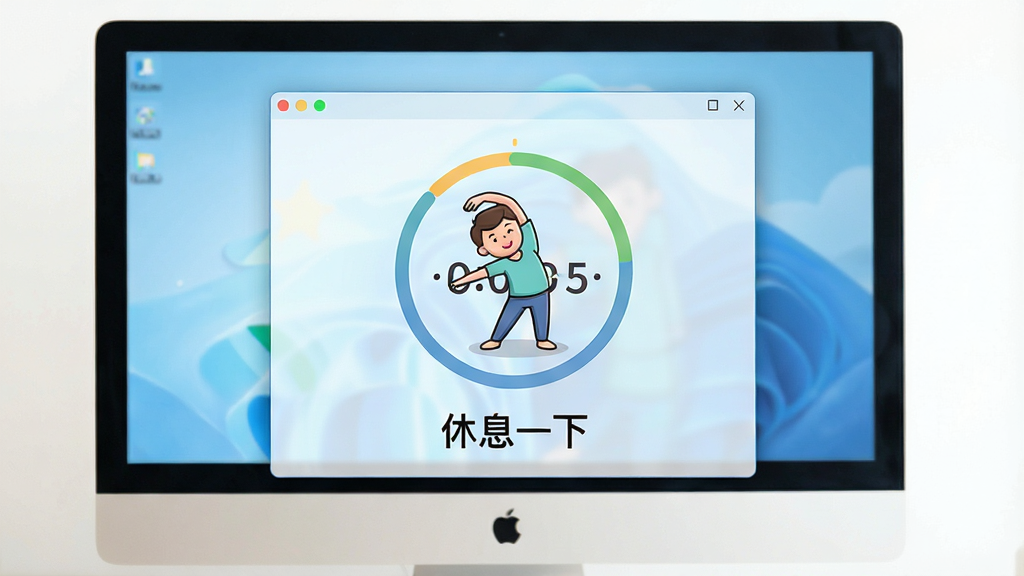 Workrave 微休息提醒功能演示,主体为电脑屏幕上的半透明弹窗,弹窗内有一个卡通人物做伸展运动,布局居中,风格清新卡通,细节包括倒计时圆环和“休息一下”文字,画质干净明亮,无多余元素