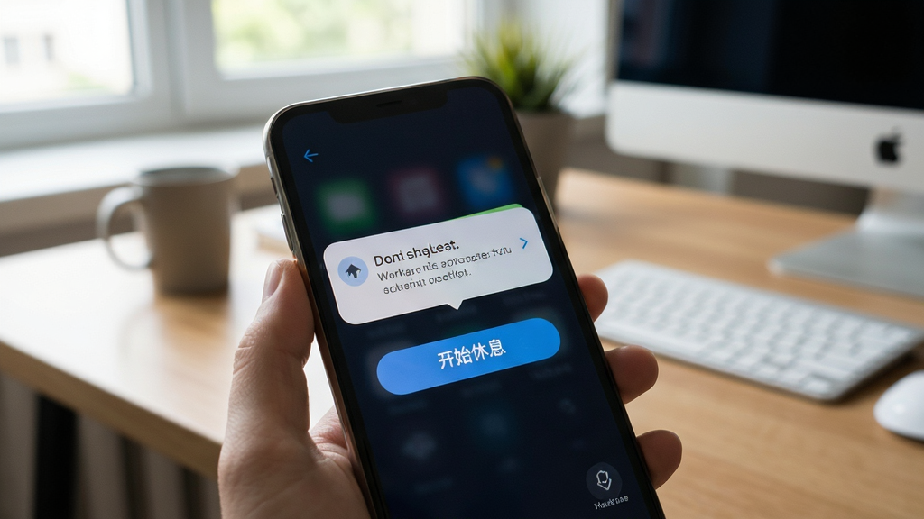Workrave 手机端使用场景,主体为手机屏幕显示休息提醒通知,背景为办公桌,布局简洁,风格写实,细节包括通知横幅和“开始休息”按钮,画质清晰自然,无多余元素