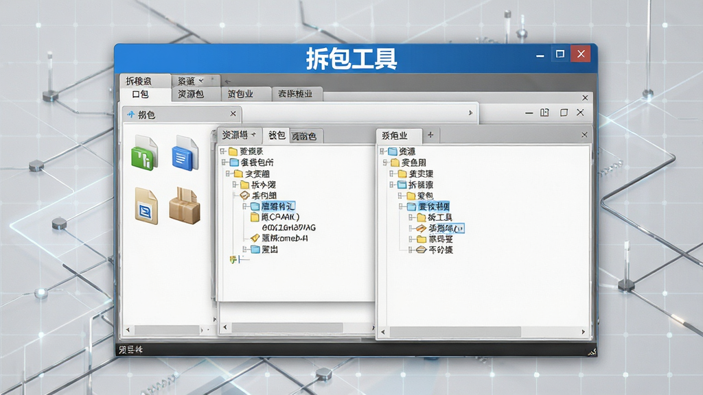 拆包工具多格式解析功能展示图,画面中央为软件窗口,窗口中同时打开多个不同格式的资源包标签页,每个标签页显示不同的文件图标和目录树,背景为浅灰色科技感网格,软件名称“拆包工具”以蓝色高亮显示在窗口标题栏,整体风格写实,细节丰富,画质清晰,无多余元素