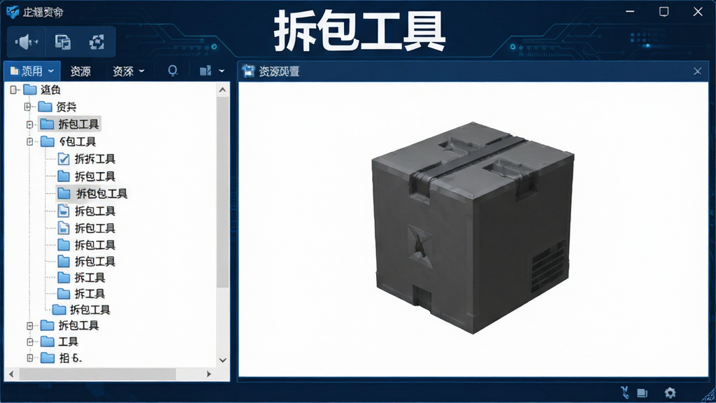 拆包工具软件主界面预览图,左侧为文件树列表,右侧为资源预览窗口,整体采用深蓝色科技风格,界面简洁清晰,软件名称“拆包工具”以白色大号字体显示在顶部工具栏,画面干净无多余元素,高分辨率,细节丰富,画质清晰