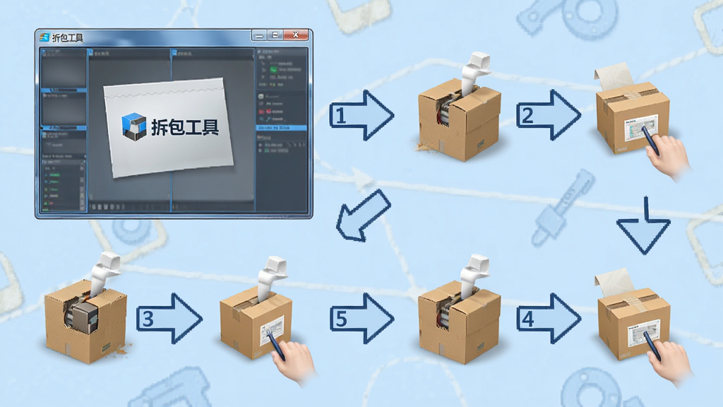 拆包工具使用教程流程图,画面为软件操作界面与步骤指示箭头,背景为浅蓝色教学风格,步骤1-4清晰标注,软件名称“拆包工具”出现在每一步的窗口标题中,画质清晰,细节丰富,无多余元素
