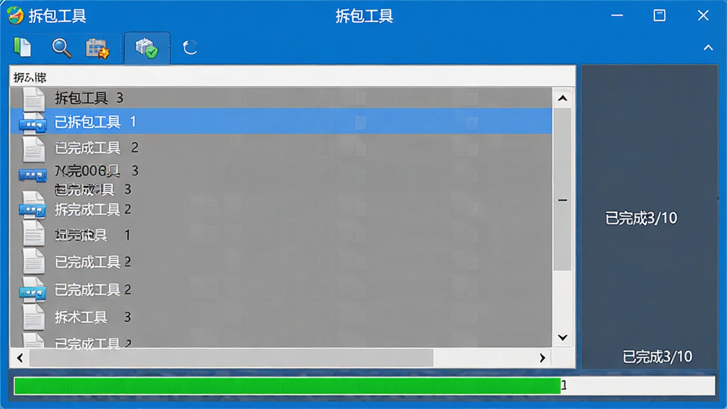拆包工具批量解包操作截图,软件窗口中显示多个文件排队处理,界面底部有绿色进度条,右侧显示“已完成3/10”字样,窗口上方为蓝色工具栏,整体设计简洁明亮,软件名称“拆包工具”清晰可见,画质清晰,细节完整,无多余元素