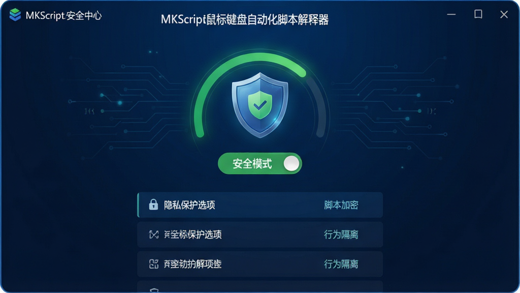 主体:MKScript安全中心界面,显示防护盾牌图标与“安全模式”开关。布局:中央为防护状态指示,下方为隐私保护选项列表。排版:简洁直观,绿色表示安全。风格:科技感深蓝背景。细节:标注“MKScript鼠标键盘自动化脚本解释器”名称,以及“脚本加密”、“行为隔离”等字样。画质:质感高级,干净,无多余元素。