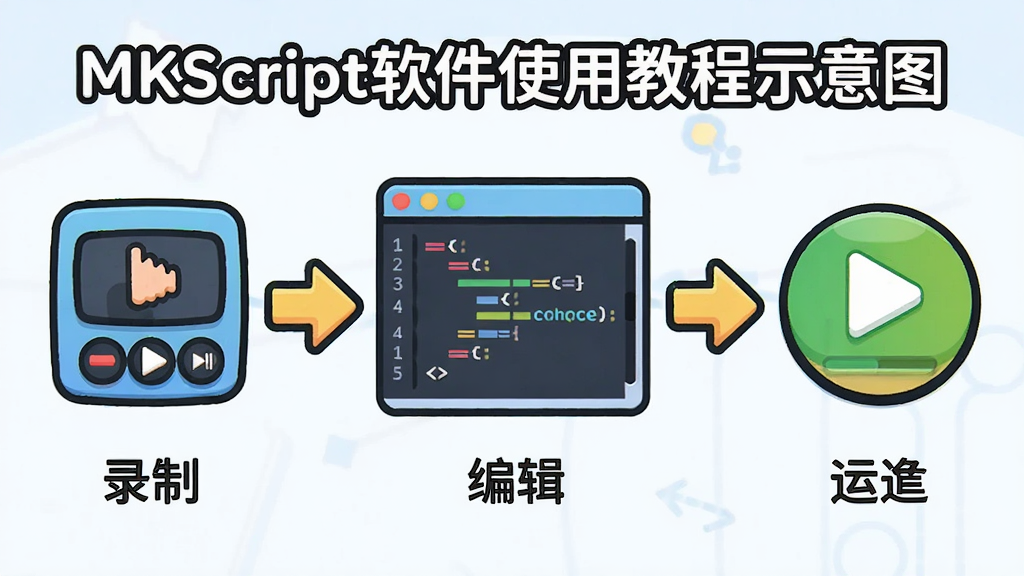 主体:MKScript软件使用教程示意图,展示录制、编辑、运行三个步骤。布局:从左到右依次为录制图标、代码窗口、运行按钮。排版:步骤箭头连接,清晰明了。风格:卡通扁平化。细节:每个步骤下方有文字说明,整体颜色明亮。画质:干净,无多余元素。
