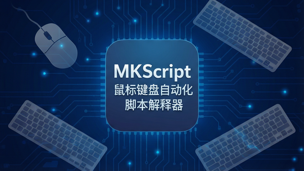 一幅现代科技感的主视觉图,画面中央是“MKScript鼠标键盘自动化脚本解释器”的软件图标,背景为深蓝色电路板纹理,周围漂浮着半透明的鼠标和键盘剪影,线条流畅,整体布局沉稳大气,采用扁平化设计风格,细节处有微光点缀,画质高清,干净无多余元素。