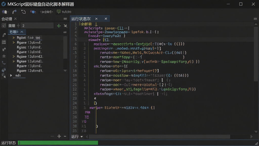 一张软件界面截图风格图,显示“MKScript鼠标键盘自动化脚本解释器”的编辑器窗口,左侧是命令面板,右侧是代码编辑区,代码行以不同颜色高亮,窗口底部有运行状态条,整体布局清晰,采用深色主题,细节丰富,画质干净无多余元素。