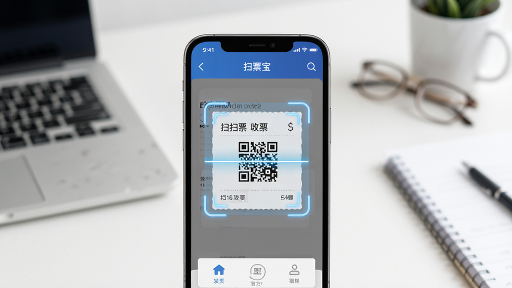 扫票宝官方主视觉图,主体为手机屏幕展示扫描发票的界面,背景是简洁的办公桌面,布局以手机为中心,四周留白,排版干净,风格现代简约,细节显示发票上的二维码高亮扫描框,画质清晰,干净,无多余元素