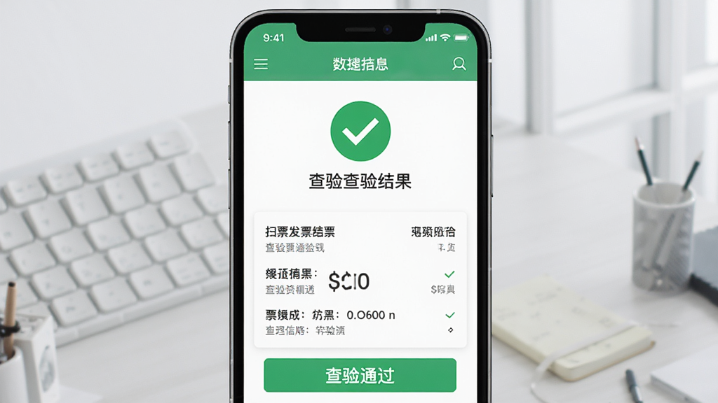 扫票宝发票查验结果界面图,主体为手机屏幕显示查验通过结果,布局为绿色对勾图标居中,下方列出发票基本信息,排版简洁,风格商务,细节突出“查验通过”字样,画质干净,无多余元素