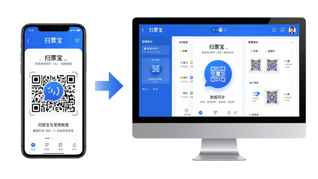 扫票宝使用教程示意图,主体为手机和电脑并排展示扫票宝界面,布局为左手机右电脑,中间有箭头连接,排版清晰,风格科技感,细节显示数据同步图标,画质干净,无多余元素