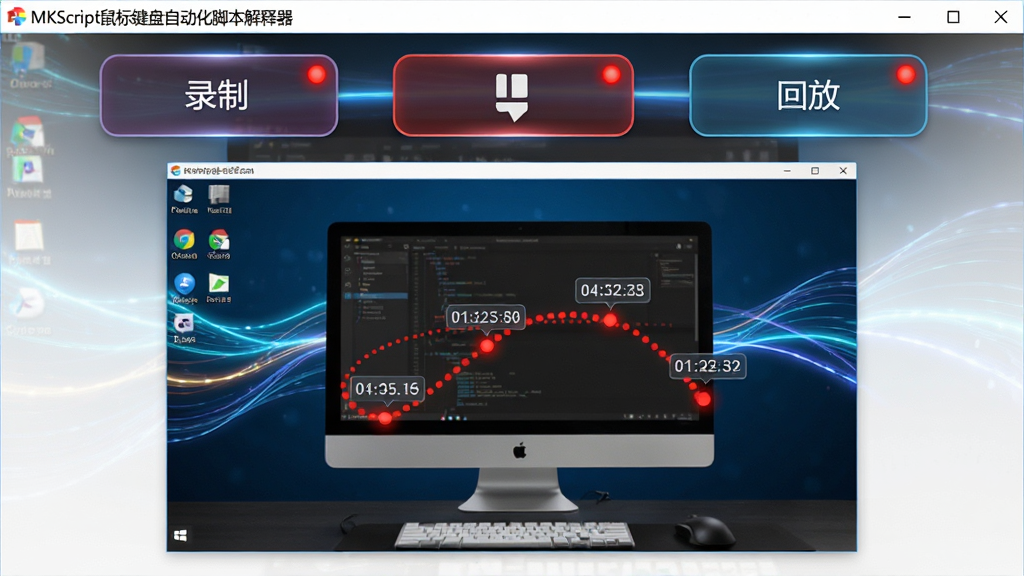 主体:软件“MKScript鼠标键盘自动化脚本解释器”的录制功能界面,显示鼠标轨迹的红色点状路径。布局:中央为电脑桌面缩略图,上方有录制、停止、回放三个大按钮。排版:简洁清晰,功能按钮醒目。风格:动态科技感,带有流光线条效果。细节:鼠标轨迹点带有时间戳标签,按钮上有“录制中”红色指示灯,画质干净。