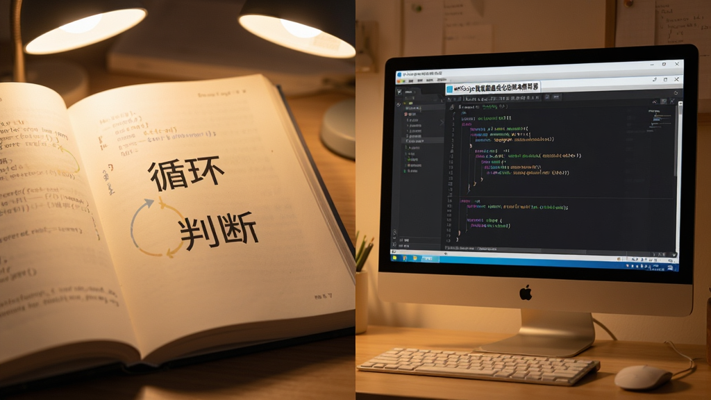 主体:一本打开的编程书籍与电脑屏幕上的软件“MKScript鼠标键盘自动化脚本解释器”代码窗口。布局:书籍在左,电脑在右,形成对比。排版:画面分割均衡,暖色调灯光。风格:学习氛围浓厚的温馨风格。细节:书页上有清晰的“循环”、“判断”字样,屏幕上代码高亮显示,画质柔和干净。