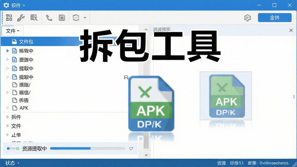 主体:拆包工具软件主界面,展示“拆包工具”四个大字与APK文件图标;布局:左侧为文件列表,右侧为资源预览区;排版:简洁清晰,顶部工具栏,底部状态栏;风格:现代扁平化设计,蓝白主色调;细节:界面中显示“资源提取中”进度条;画质:高清,干净,无多余元素