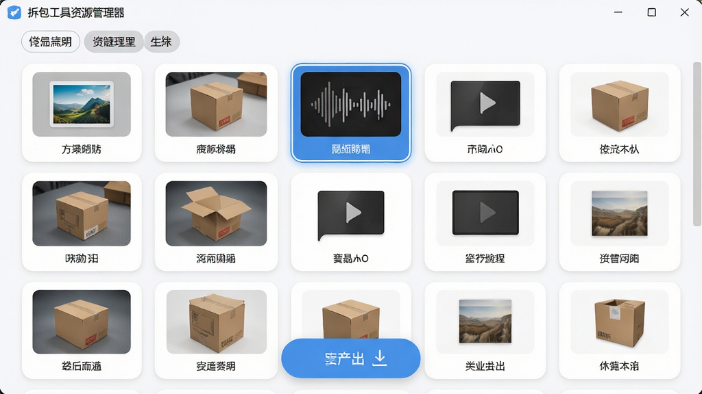 主体:拆包工具资源管理器界面,展示图片、音频、布局等分类标签;布局:九宫格缩略图排列,底部悬浮导出按钮;排版:网格布局,每张缩略图下方标注文件名;风格:清爽明亮,卡片式圆角设计;细节:选中图片高亮显示,导出按钮带下载箭头;画质:高清,干净,无多余元素