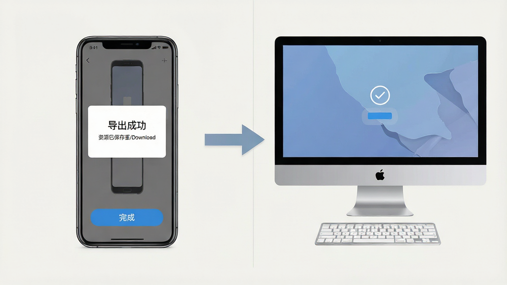 主体:手机与电脑并排展示拆包工具的拆包流程,手机端显示“导出成功”提示;布局:左右分屏,左侧手机,右侧电脑;排版:步骤箭头连接,底部有“完成”按钮;风格:写实与扁平结合,浅色背景;细节:手机界面显示“资源已保存至/Download”;画质:高清,干净,无多余元素