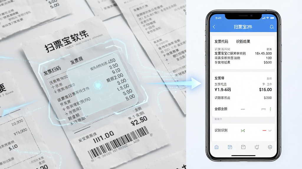 主体:扫票宝软件界面,展示发票扫描与识别功能;布局:左半部分为纸质发票平铺,右半部分为手机屏幕显示识别结果;排版:简洁,突出扫描识别过程;风格:现代科技感,明亮清晰;细节:发票上文字清晰可见,识别结果包含发票代码、号码、金额;画质:高清,干净,无多余元素