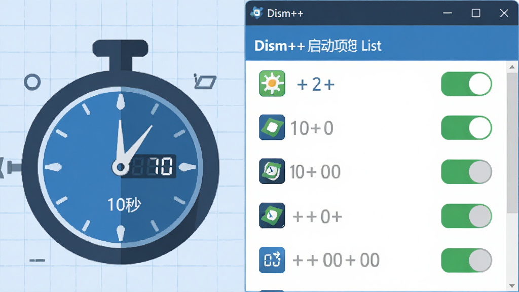 主体:一个计时器图标,旁边是Dism++的启动项管理列表界面,列表中有多个开关按钮。布局:计时器位于左侧,软件界面占据右侧主要画面,背景为淡蓝色网格。排版:开关按钮有的开启(绿色)有的关闭(灰色),形成对比。风格:简洁商务风,扁平化设计,蓝色和绿色为主色调。细节:每个开关旁有微小的应用图标,计时器指针指向“10秒”位置。画质:高清矢量质感,干净,无多余元素。
