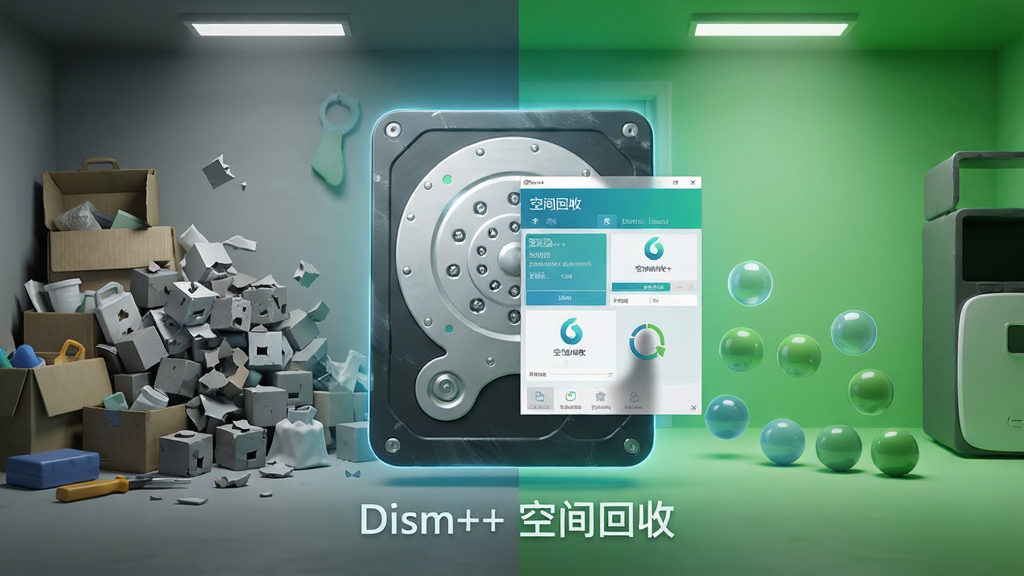 主体:一个硬盘图标,左侧是布满杂物的空间,右侧是清理后整洁明亮的状态,中间用Dism++的“空间回收”界面作为过渡桥梁。布局:采用左右分屏构图,左侧为灰色杂物堆积,右侧为绿色干净空间,中心为软件操作界面。排版:硬盘下方有一行小字“Dism++ 空间回收”。风格:写实与UI结合,光影通透,蓝绿色调为主。细节:垃圾文件以碎片化方块表现,清理后变为整齐的圆点。画质:超清渲染,干净,无多余元素。
