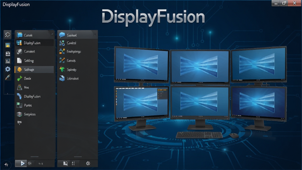 DisplayFusion 主界面展示,多屏管理软件,主体为软件操作界面,左侧功能列表,右侧多显示器布局示意图,背景为深蓝色科技感,界面简洁明了,文字清晰标注“DisplayFusion”,画质高清,干净无多余元素