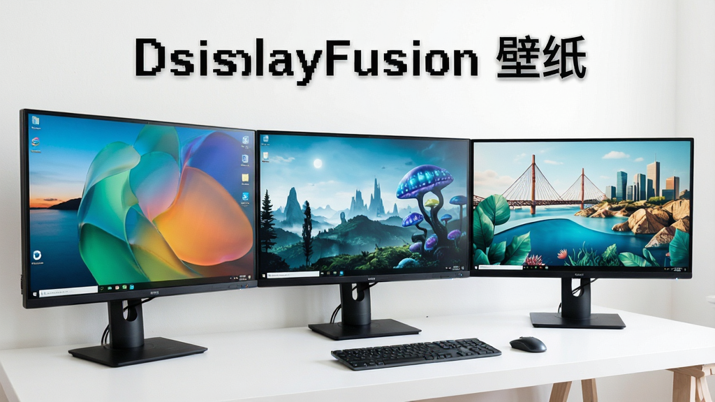 DisplayFusion 独立壁纸功能展示,主体为三台显示器,每台显示器显示不同风格的壁纸,背景为简约白色桌面,风格清新,文字标注“DisplayFusion 壁纸”,画质细腻干净
