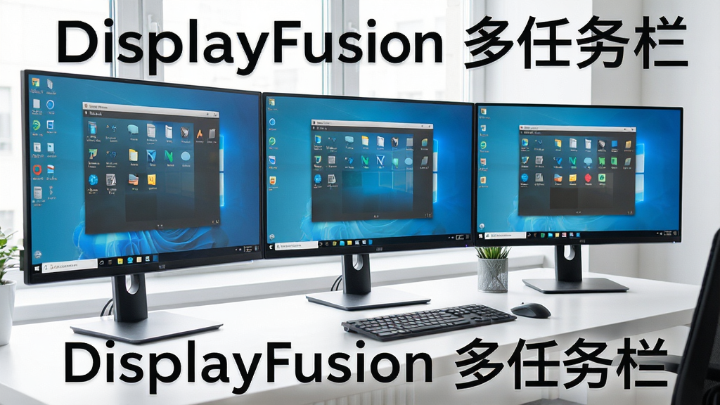 DisplayFusion 多显示器任务栏功能预览,主体为三屏显示器布局,每个屏幕底部有独立任务栏,窗口图标清晰可见,背景为现代办公桌,风格简洁明亮,文字标注“DisplayFusion 多任务栏”,画质高清干净