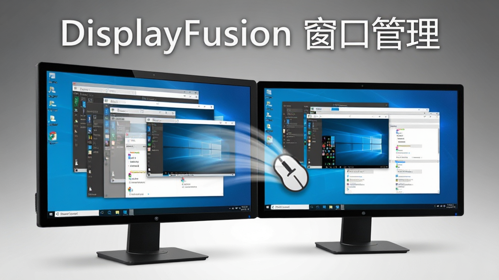 DisplayFusion 窗口管理功能示意,主体为电脑屏幕,多个窗口整齐排列在双显示器上,鼠标拖拽窗口的动感效果,背景为渐变灰色,风格专业,文字标注“DisplayFusion 窗口管理”,画质清晰干净