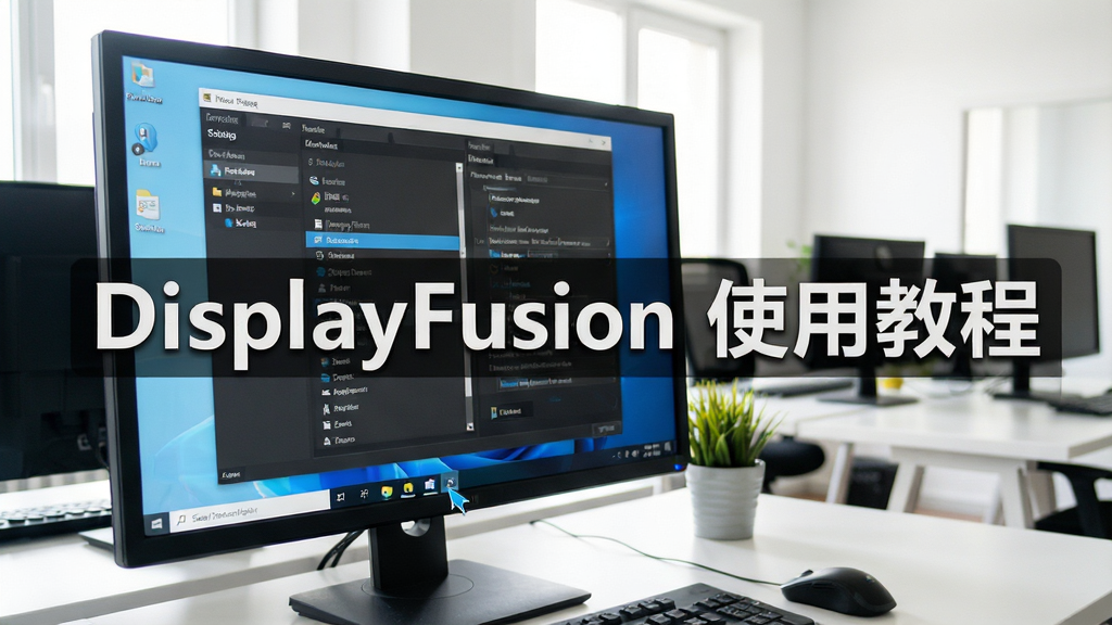 DisplayFusion 使用教程截图,主体为电脑屏幕上显示软件设置界面,鼠标点击任务栏选项,背景为明亮办公环境,风格写实,文字标注“DisplayFusion 使用教程”,画质清晰干净